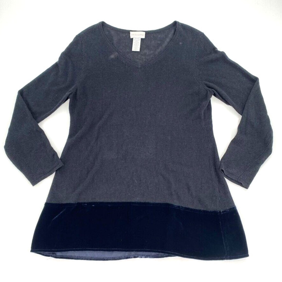 Soft Surroundings V-Neck Tunic Sweater Sz PM Black Blue Linen Silk Velvet Hem - Picture 1 of 6